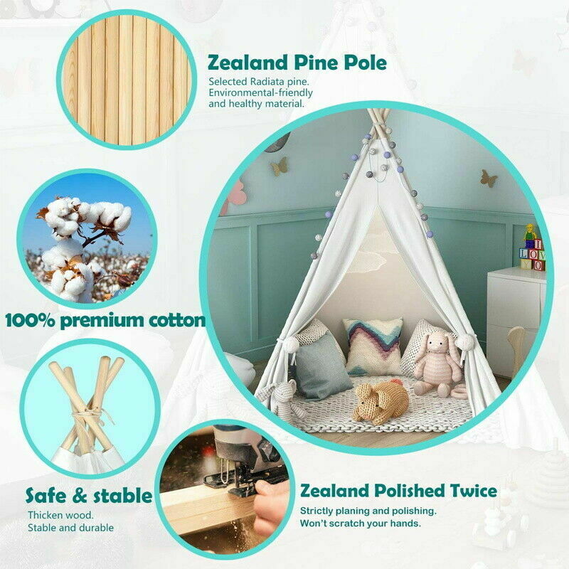 Large Teepee Tent Kids Cotton Canvas Pretend Play House - Boy Girls Wigwam Gift