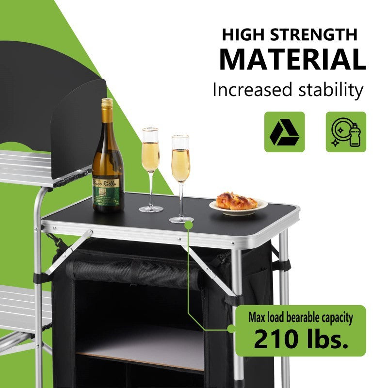 Deluxe Camping Kitchen - Foldable Portable Outdoor Cooking Station with Storage, Work Benches, and Steel Wind Shield
