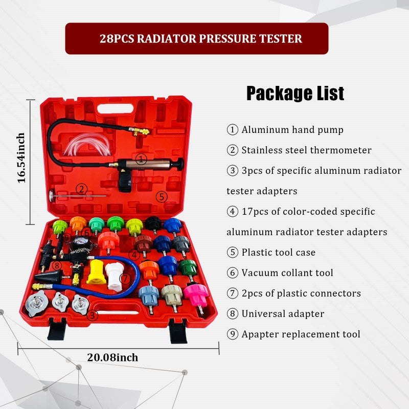 34Pcs Radiator Pressure Tester Kit Car Cooling System Leaking Refill Vacuum