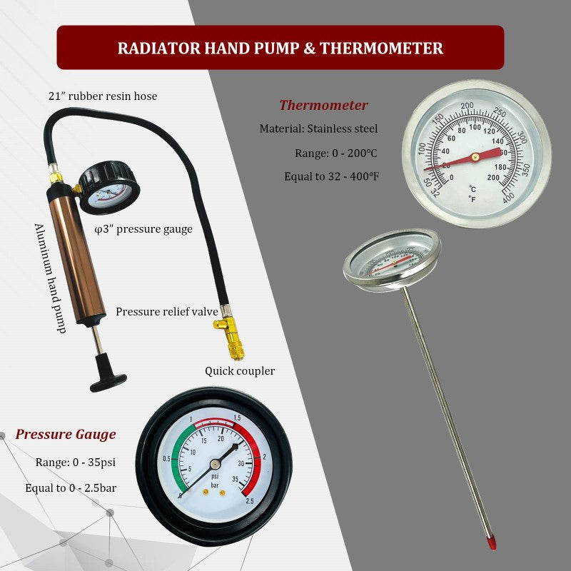 34Pcs Radiator Pressure Tester Kit Car Cooling System Leaking Refill Vacuum