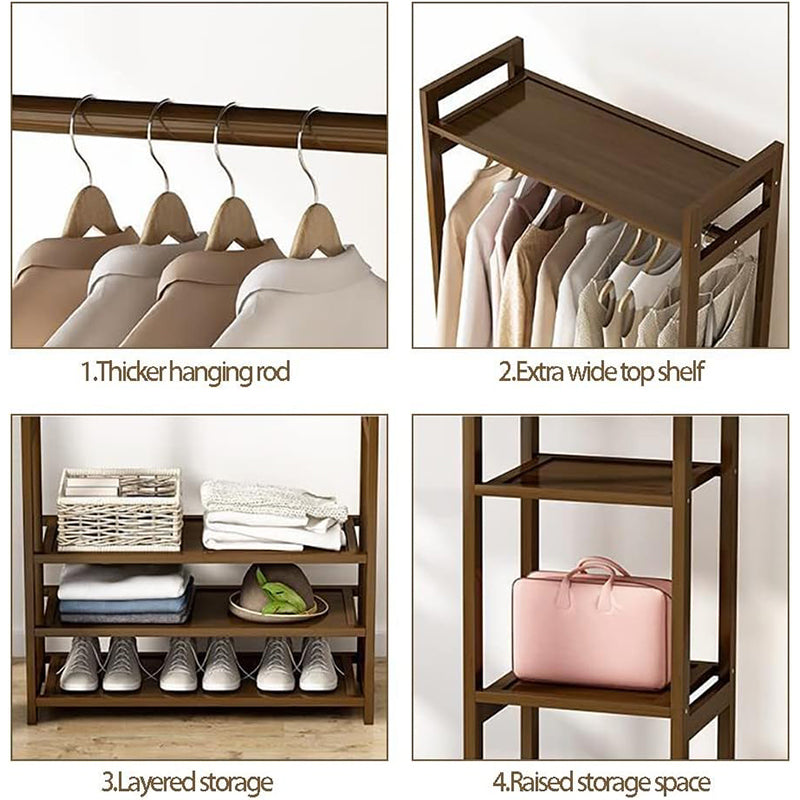 Clothes Rail Garment Rack – Bamboo Portable Closet with Storage Shelves and Hanging Rail (130x30x150cm)