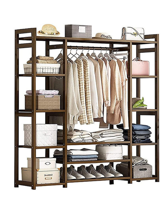 Clothes Rail Garment Rack – Bamboo Portable Closet with Storage Shelves and Hanging Rail (130x30x150cm)