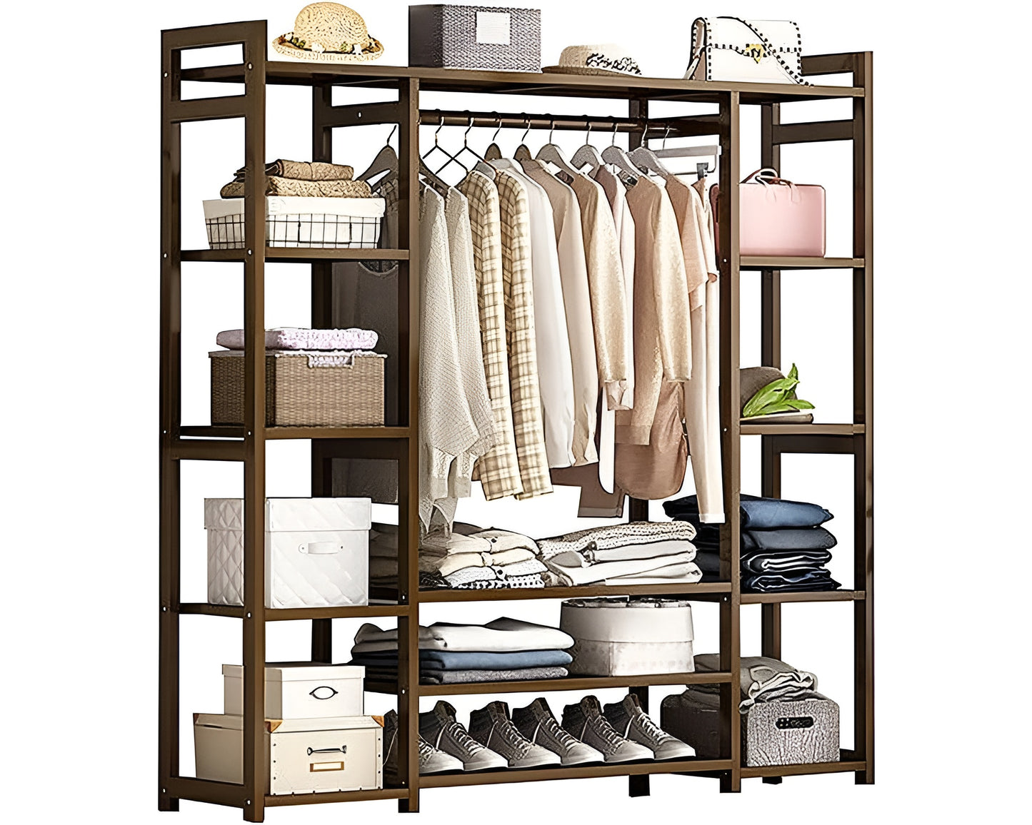 Bamboo Clothes Rail Garment Rack – Freestanding Clothes Rail Wardrobe Organiser