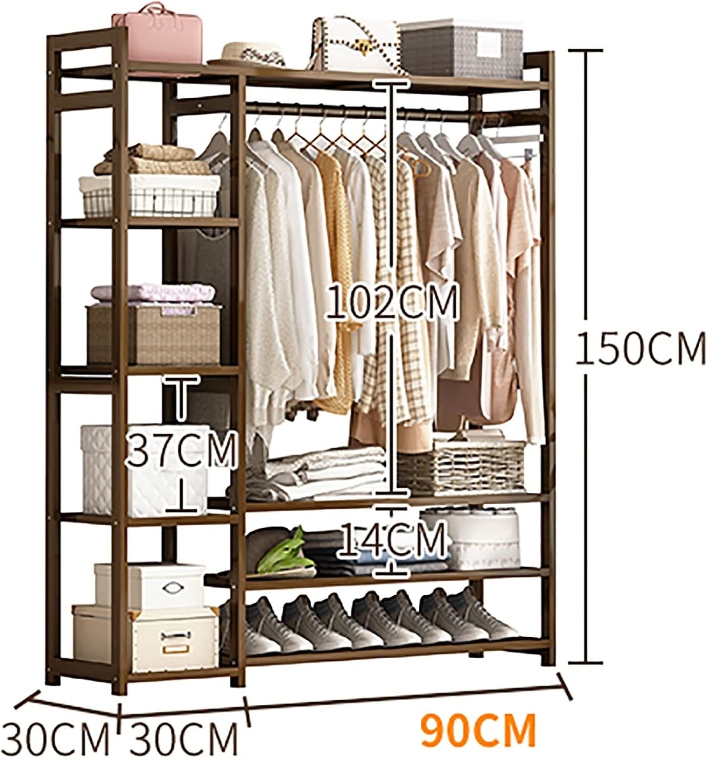 Bamboo Wardrobe Coat Rack – Multifunctional Freestanding Organizer with 5-Tier Shelves, Sustainable (120 x 30 x 150 cm)