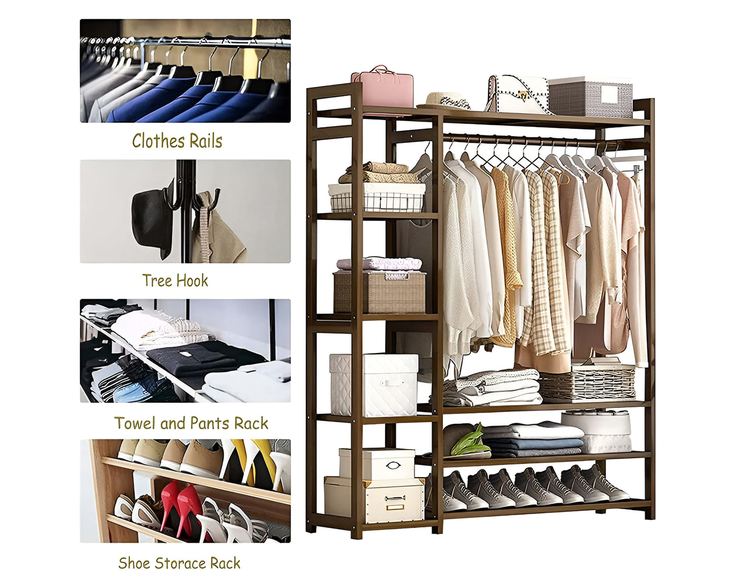 Bamboo Wardrobe Coat Rack – Multifunctional Freestanding Organizer with 5-Tier Shelves, Sustainable (120 x 30 x 150 cm)