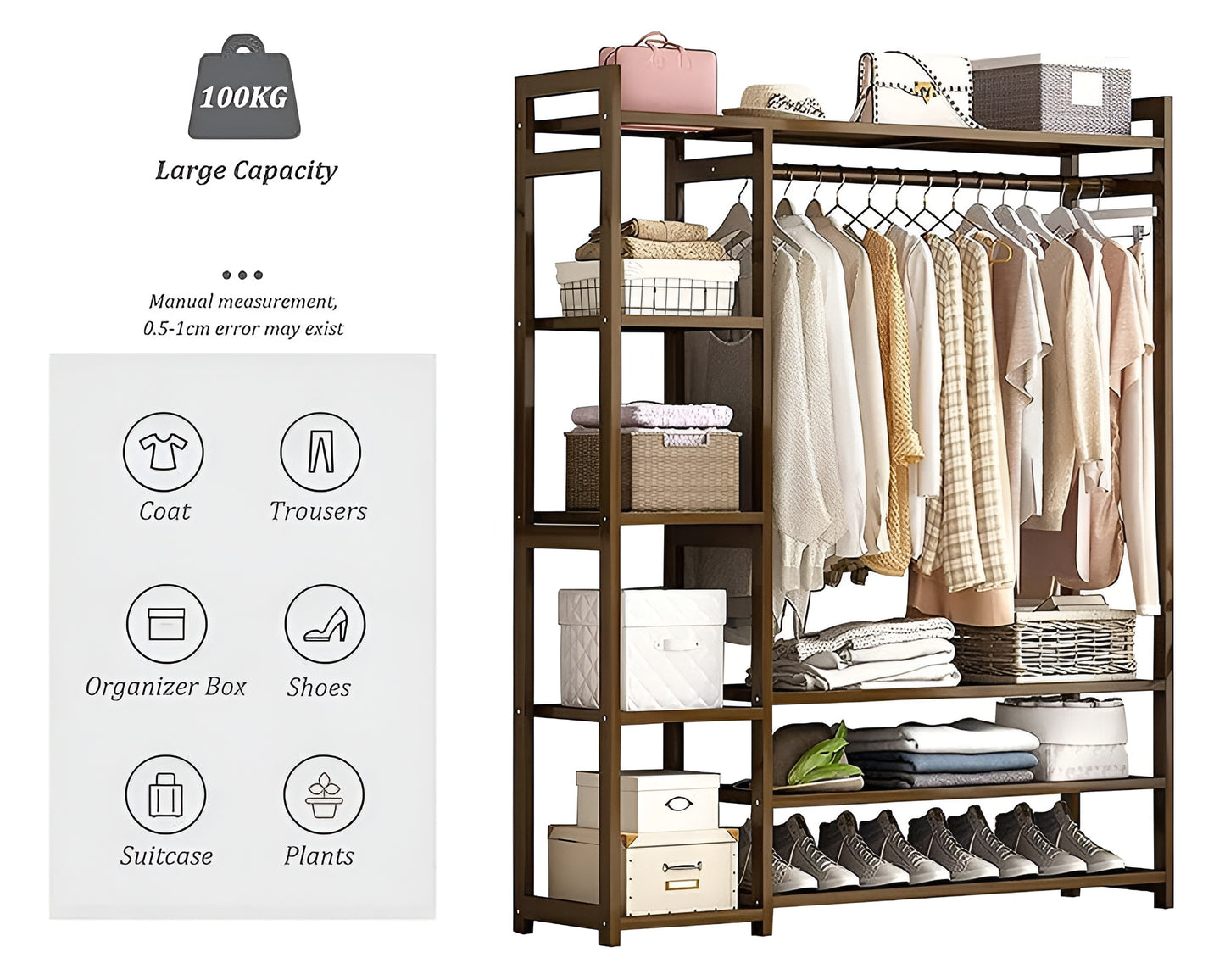 Bamboo Wardrobe Coat Rack – Multifunctional Freestanding Organizer with 5-Tier Shelves, Sustainable (120 x 30 x 150 cm)