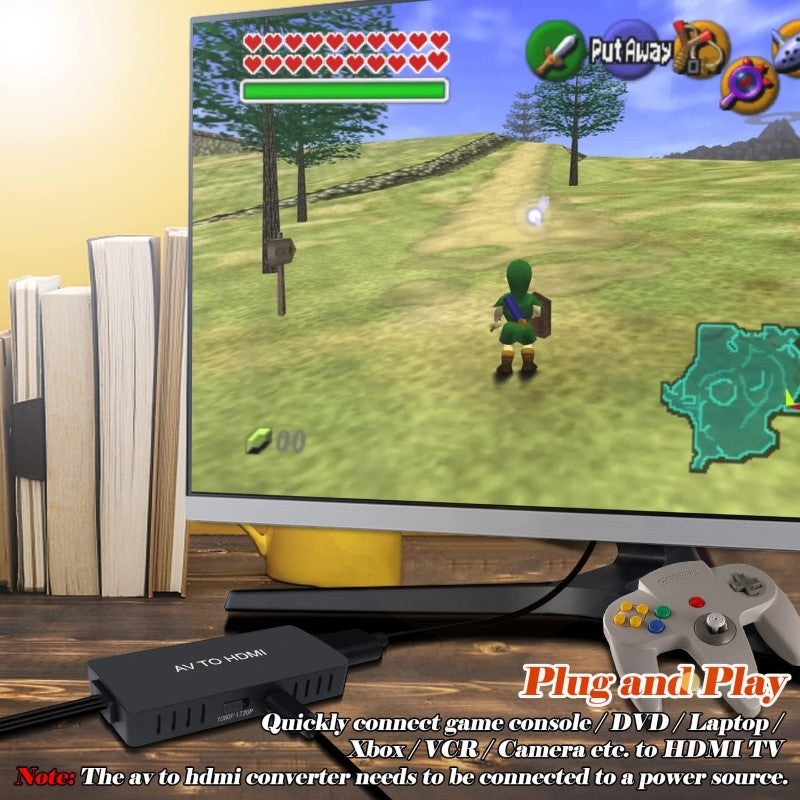 RCA to HDMI Adapter, AV to HDMI Converter, 1080P Mini Composite to HDMI Adapter, Support PAL/NTSC for PC, Laptop, TV, WII, Xbox, PS1, PS2, PS3, STB, VHS, VCR, Blue-Ray DVD Players