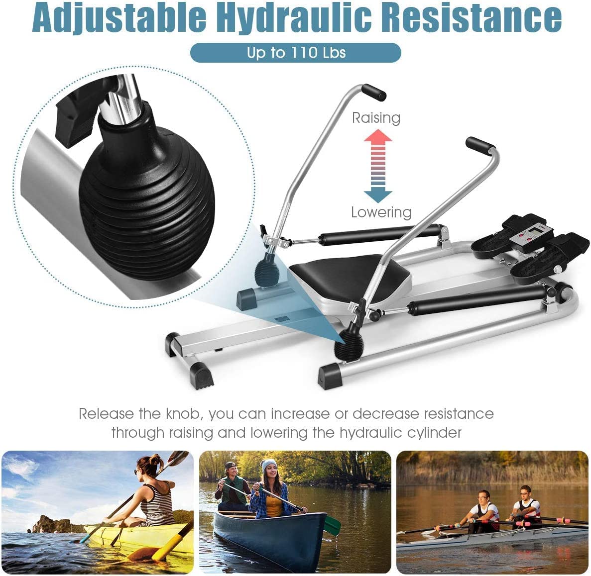 Hydraulic Rowing Machine, Full Motion Folding Rower with LCD Monitor