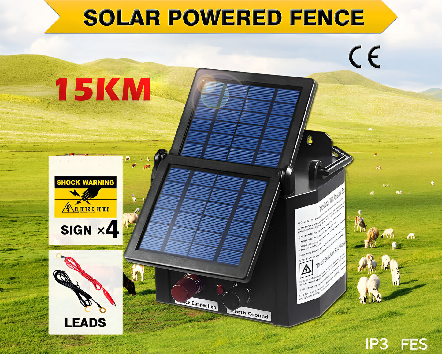 SOLAR ELECTRIC FENCING 15km Solar Power Electric Fence Energizer - 0.8J for Pet, Farm, Horse, and Animal Security