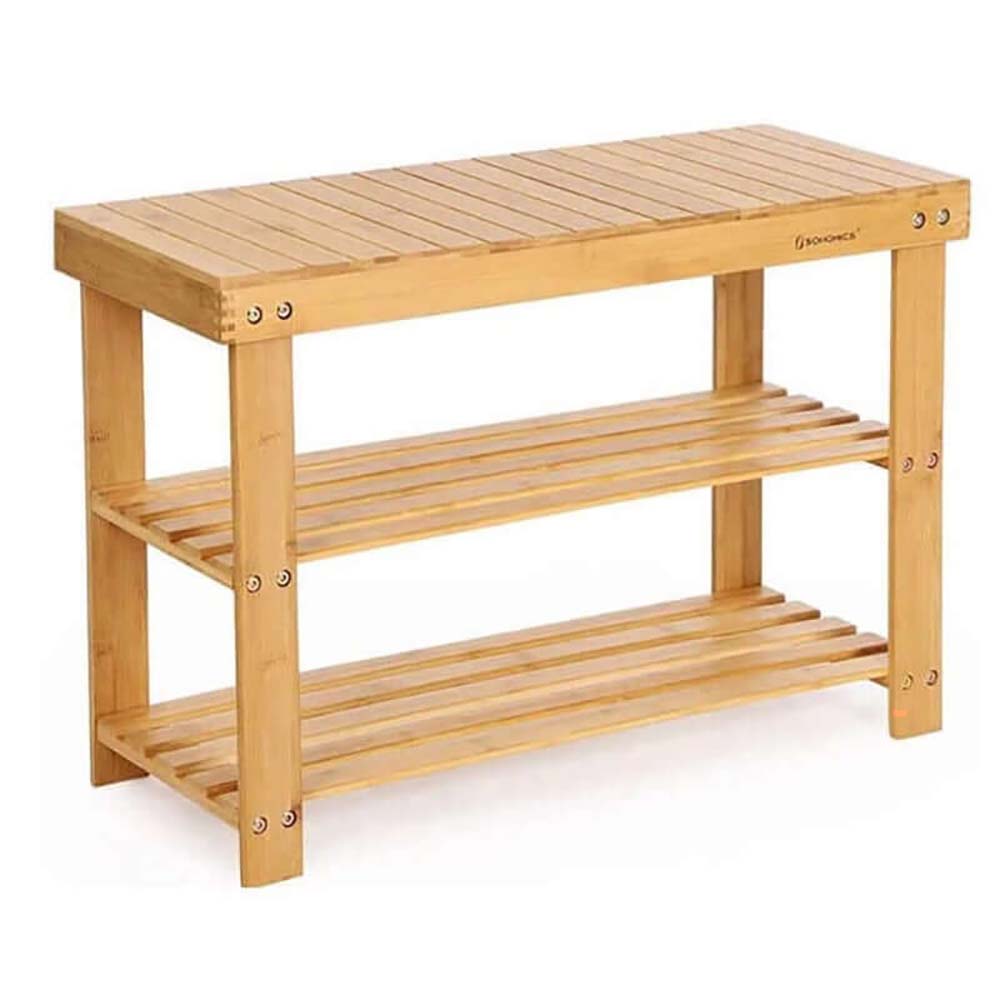 Bamboo Shoe Rack Bench 3-Tier - Free Standing Wood Shoe Storage