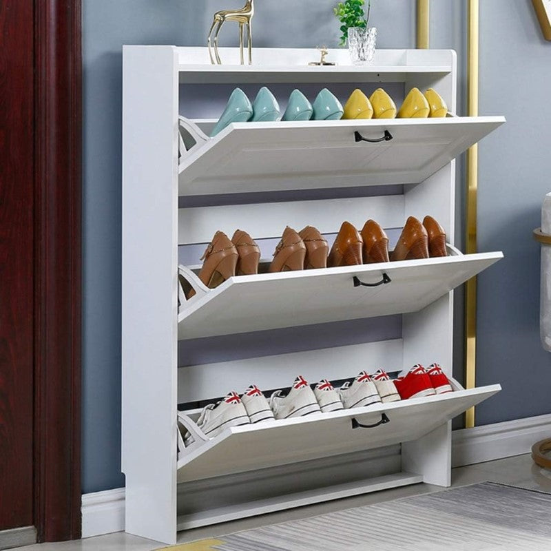 Slim Flip Shoe Cabinet – 3-Tier White Shoe Cabinet with Eco-Friendly Design & Rounded Corners