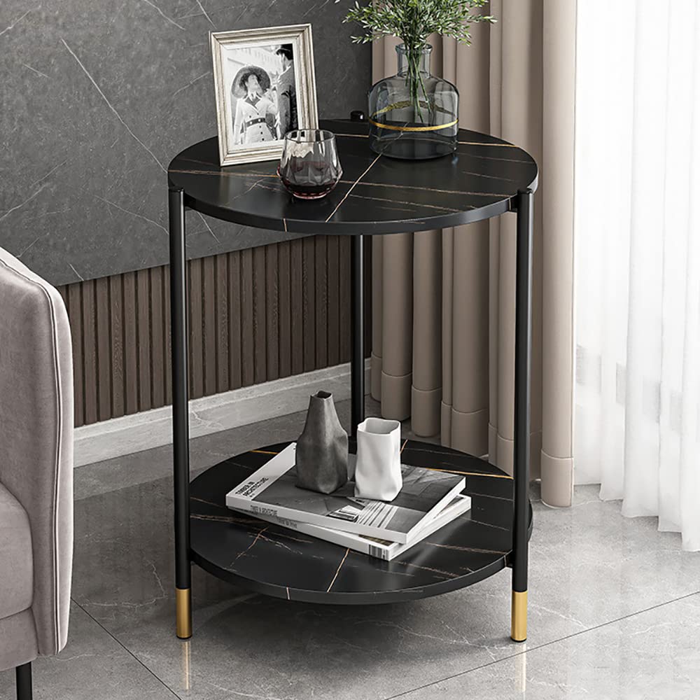 Round End Table Side Table – Double Layer Imitation Marble Coffee Table for Small Spaces