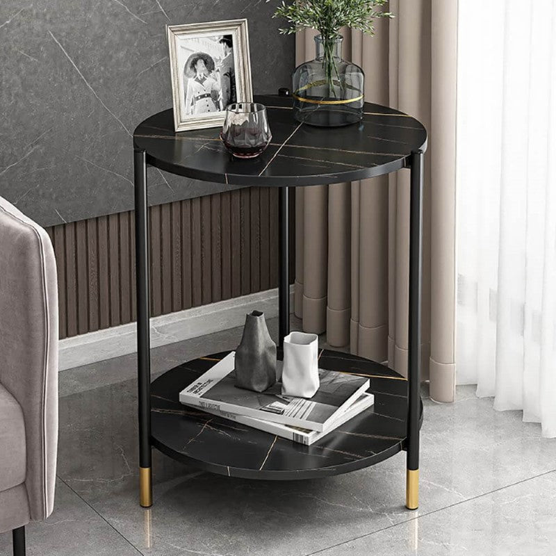 Round End Table Side Table – Double Layer Imitation Marble Coffee Table for Small Spaces