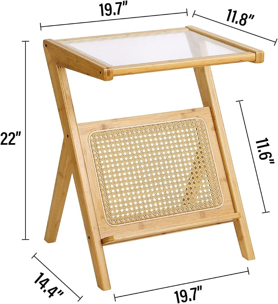 Rattan Side Table, Mid Century Nightstand, Bamboo Accent Bedside Tables, Glass Coffee Tables for Small Space, Living Room, and Bedroom