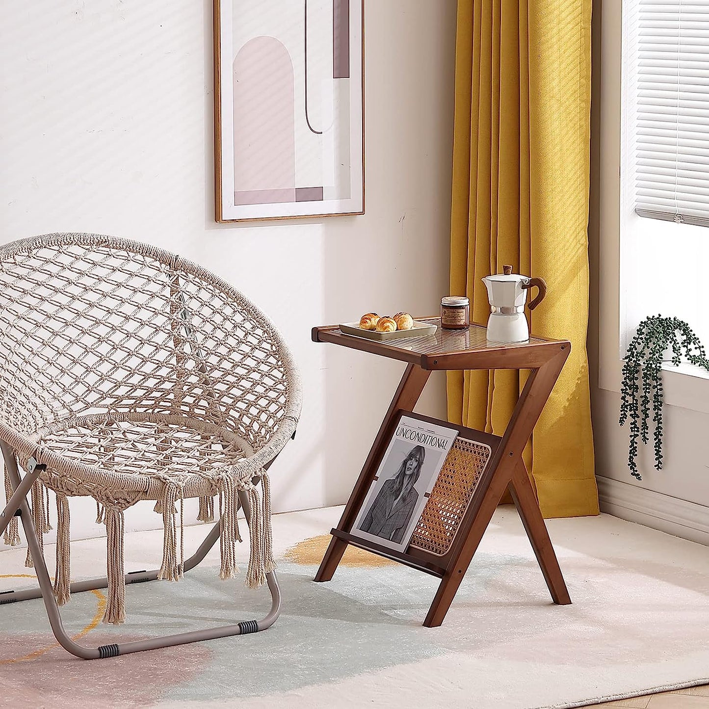 Rattan Side Table – Mid Century Nightstand with Bamboo Accent, Glass Coffee Tables for Small Spaces