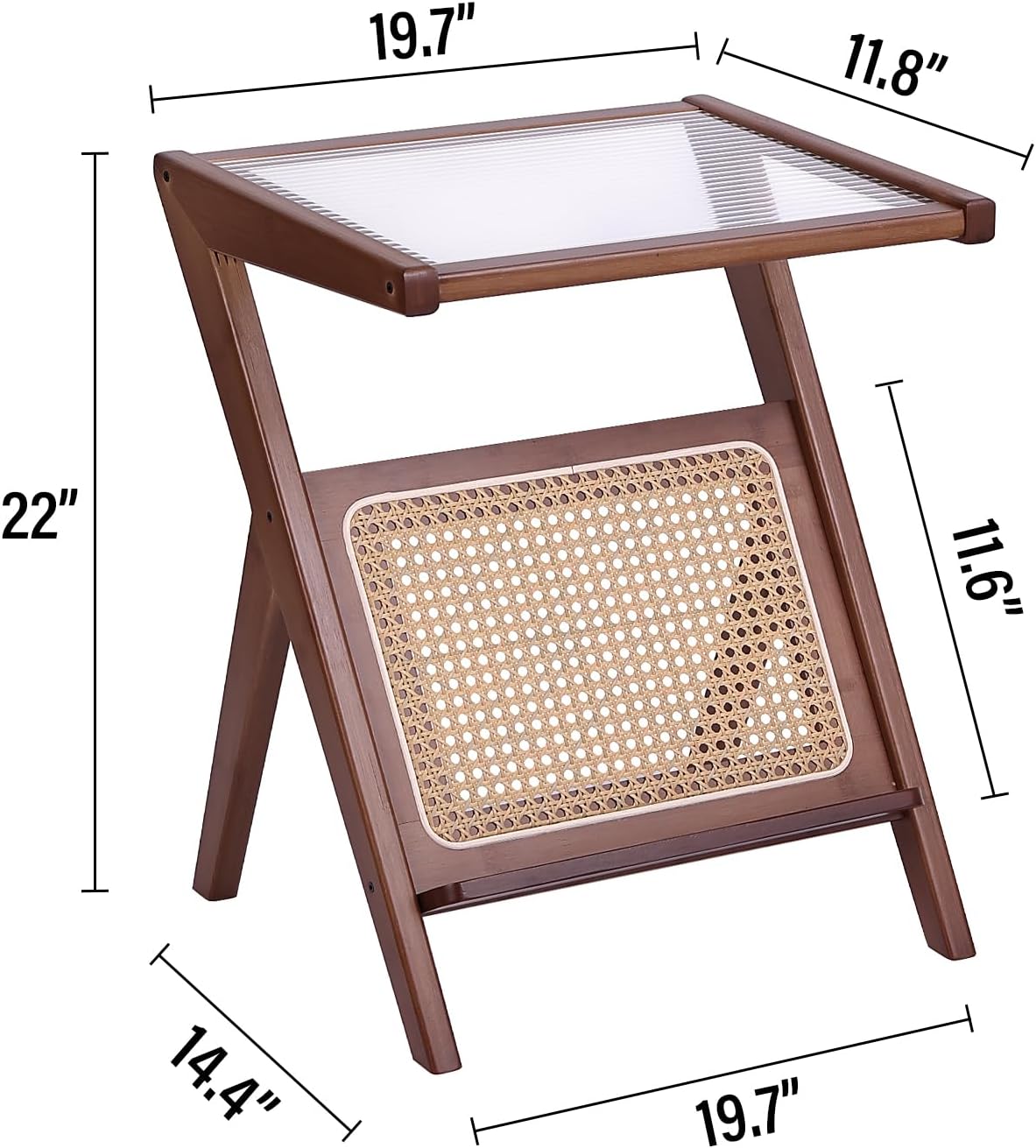 Rattan Side Table – Mid Century Nightstand with Bamboo Accent, Glass Coffee Tables for Small Spaces