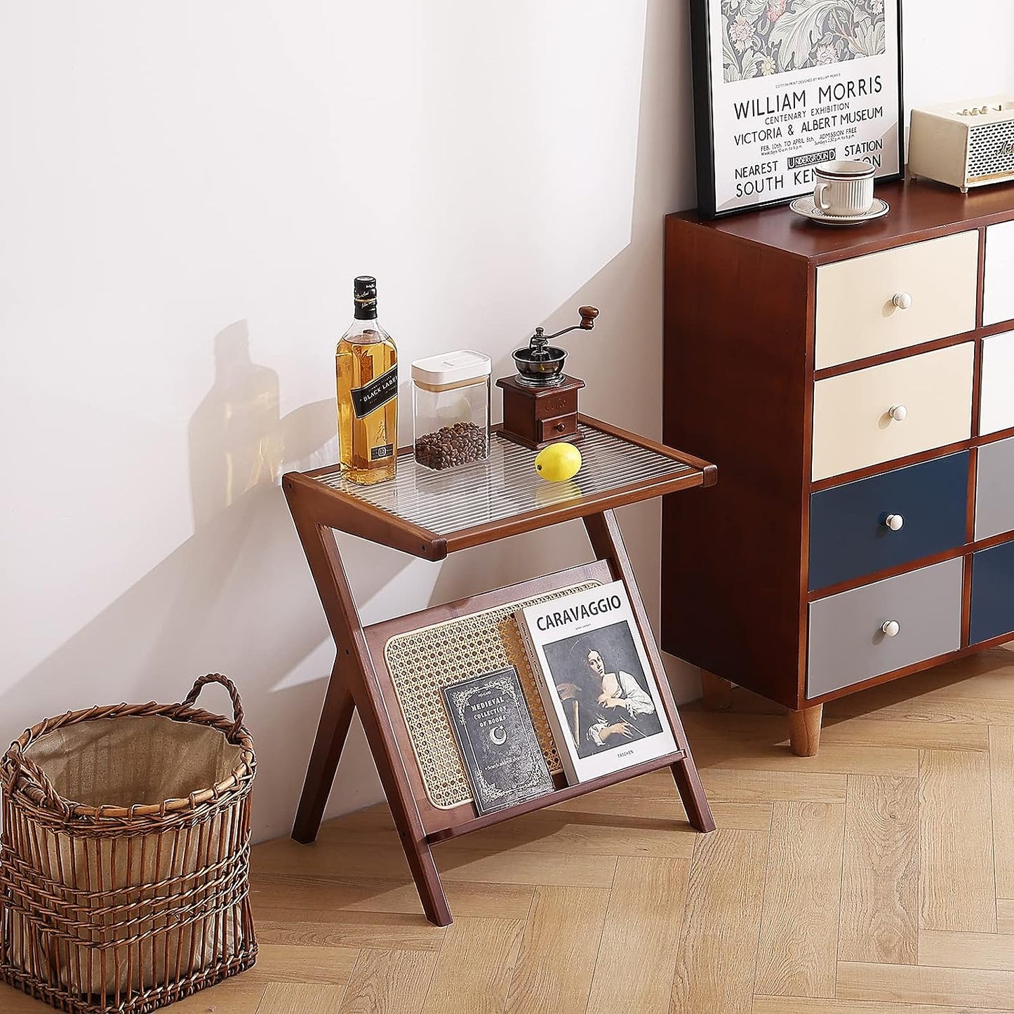 Rattan Side Table – Mid Century Nightstand with Bamboo Accent, Glass Coffee Tables for Small Spaces