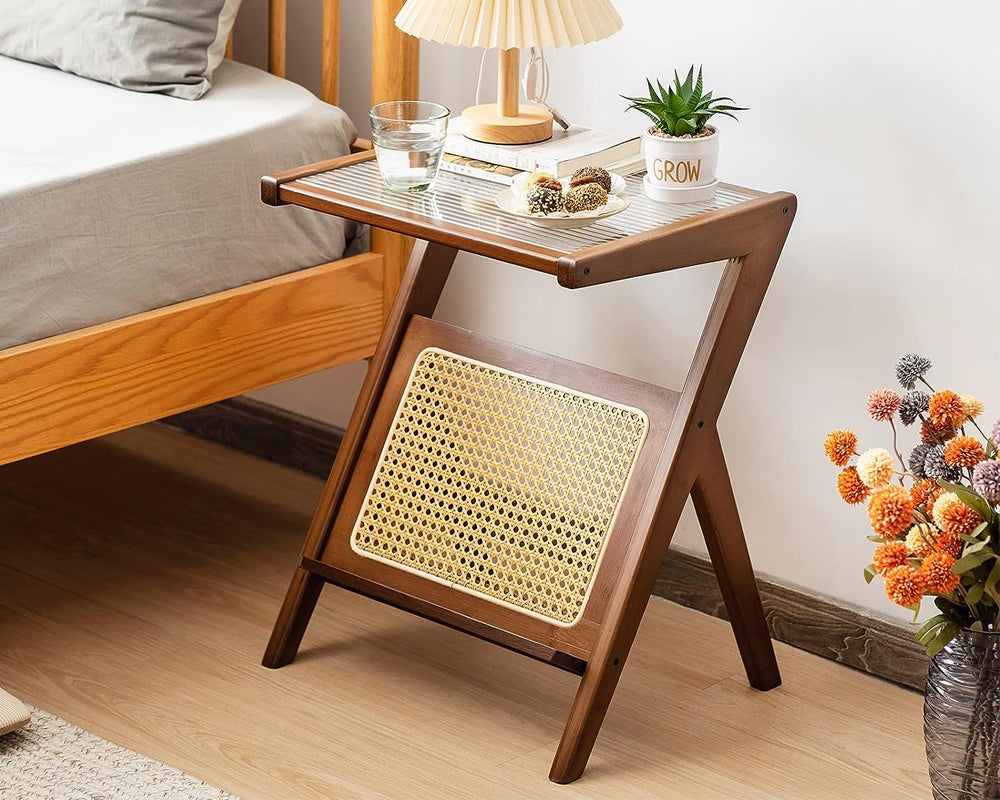 Rattan Side Table – Mid Century Nightstand with Bamboo Accent, Glass Coffee Tables for Small Spaces