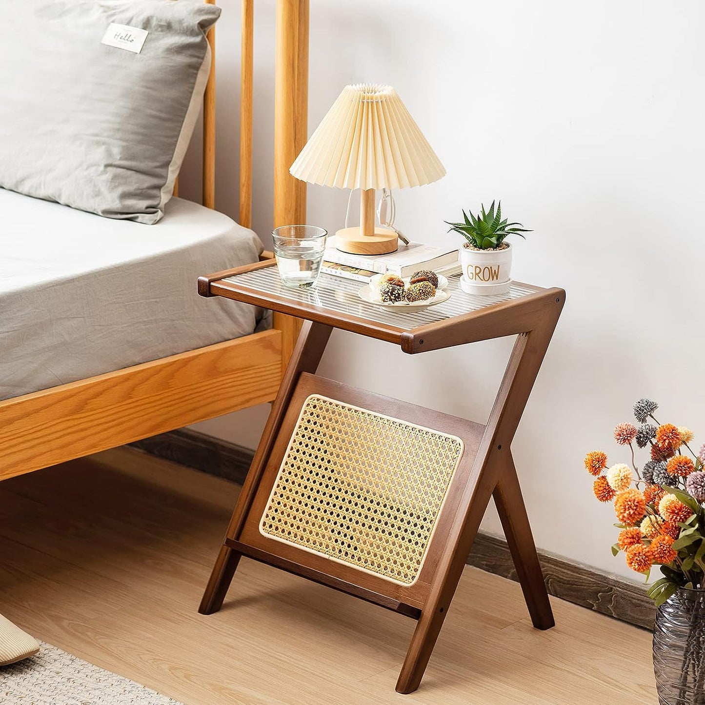 Rattan Side Table – Mid Century Nightstand with Bamboo Accent, Glass Coffee Tables for Small Spaces