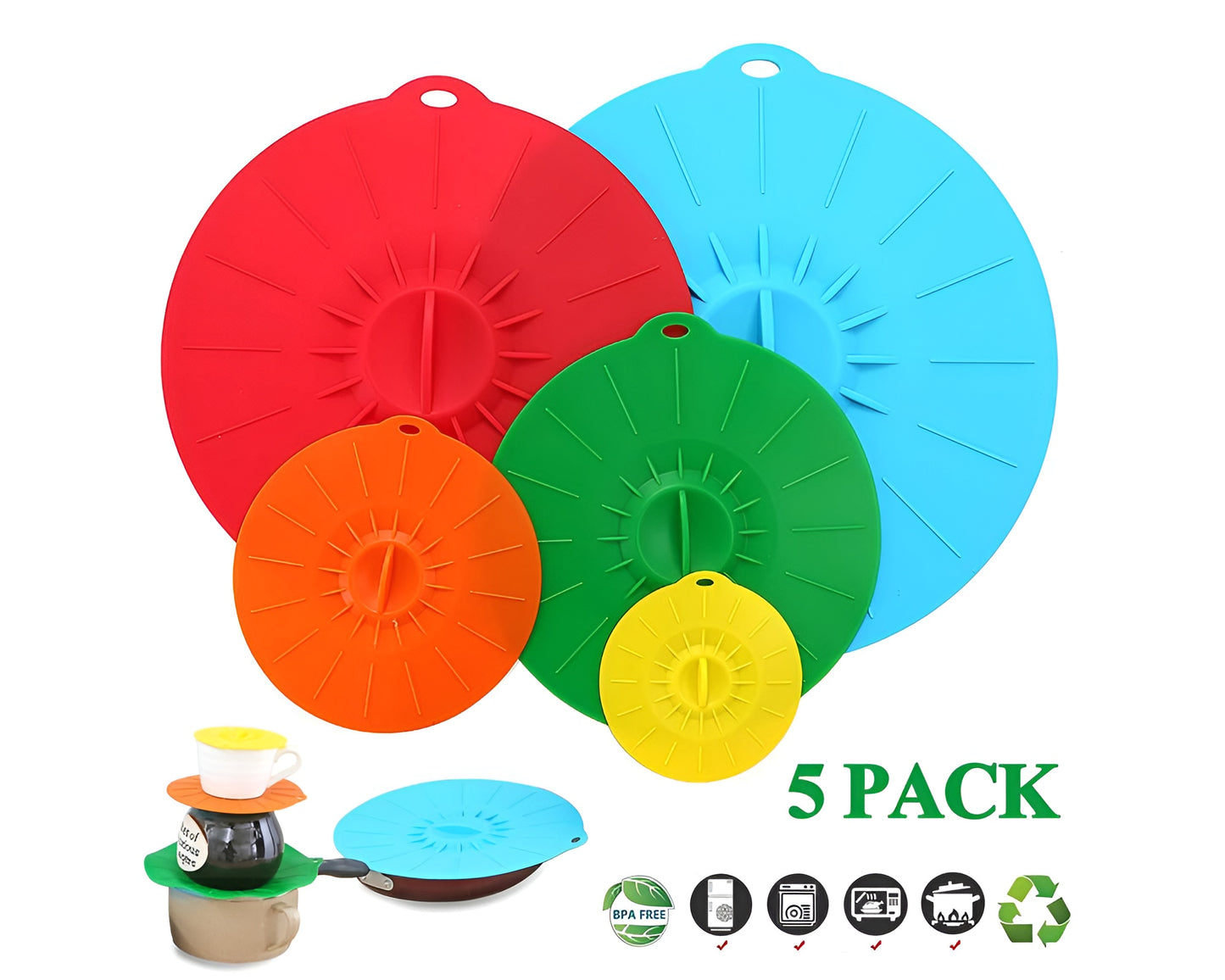 Set of 5 Reusable Silicone Lids Covers for Cups Bowls Pots