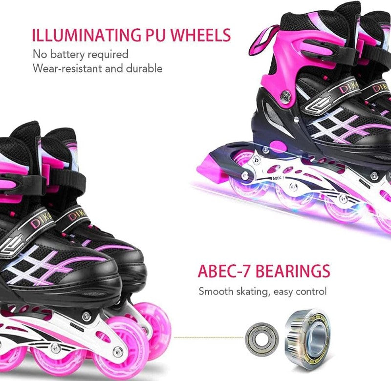 Inline Skates with Luminous Wheels – Adjustable Roller Skates for Kids, Teens, and Adults Size 33-37 Pink
