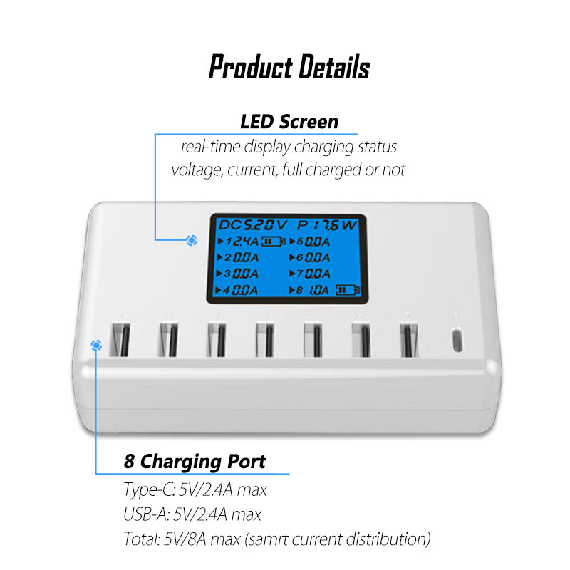 40W Smart 8 Ports USB Charger Station with LCD Display
