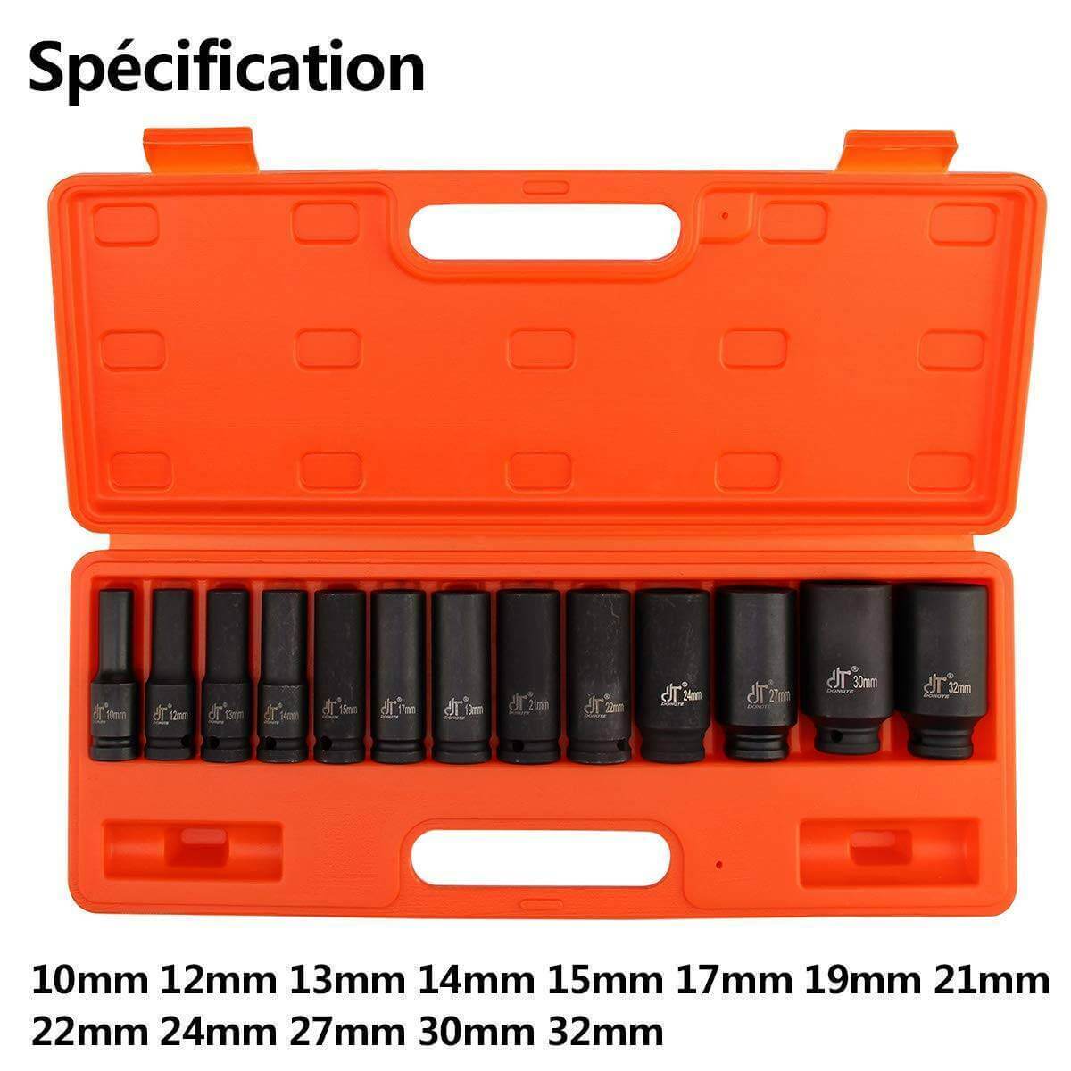 13pc Impact Socket 1/2" Inch Deep Tool Set 10-32mm Metric Garage Workshop Kit