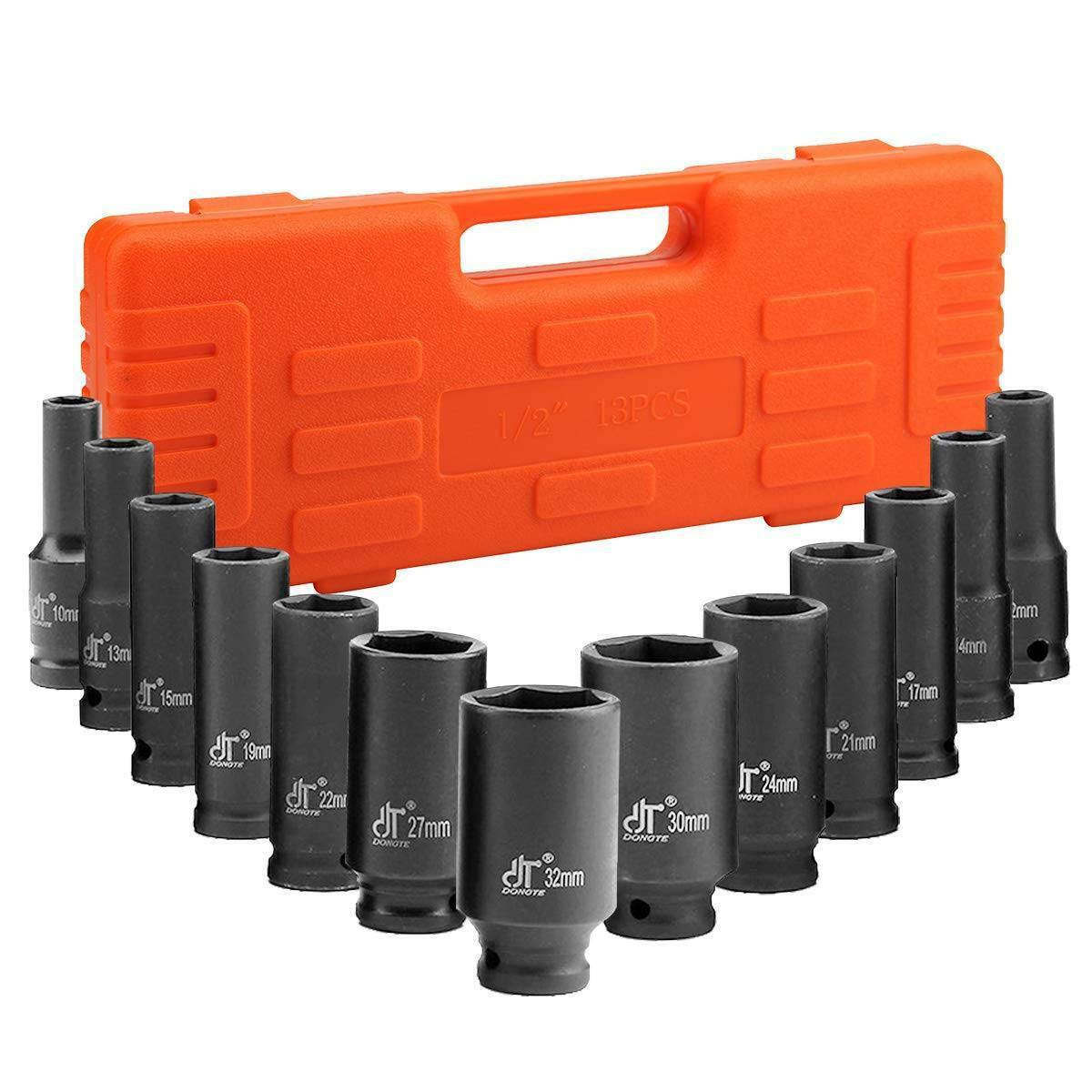 13pc Impact Socket 1/2" Inch Deep Tool Set 10-32mm Metric Garage Workshop Kit