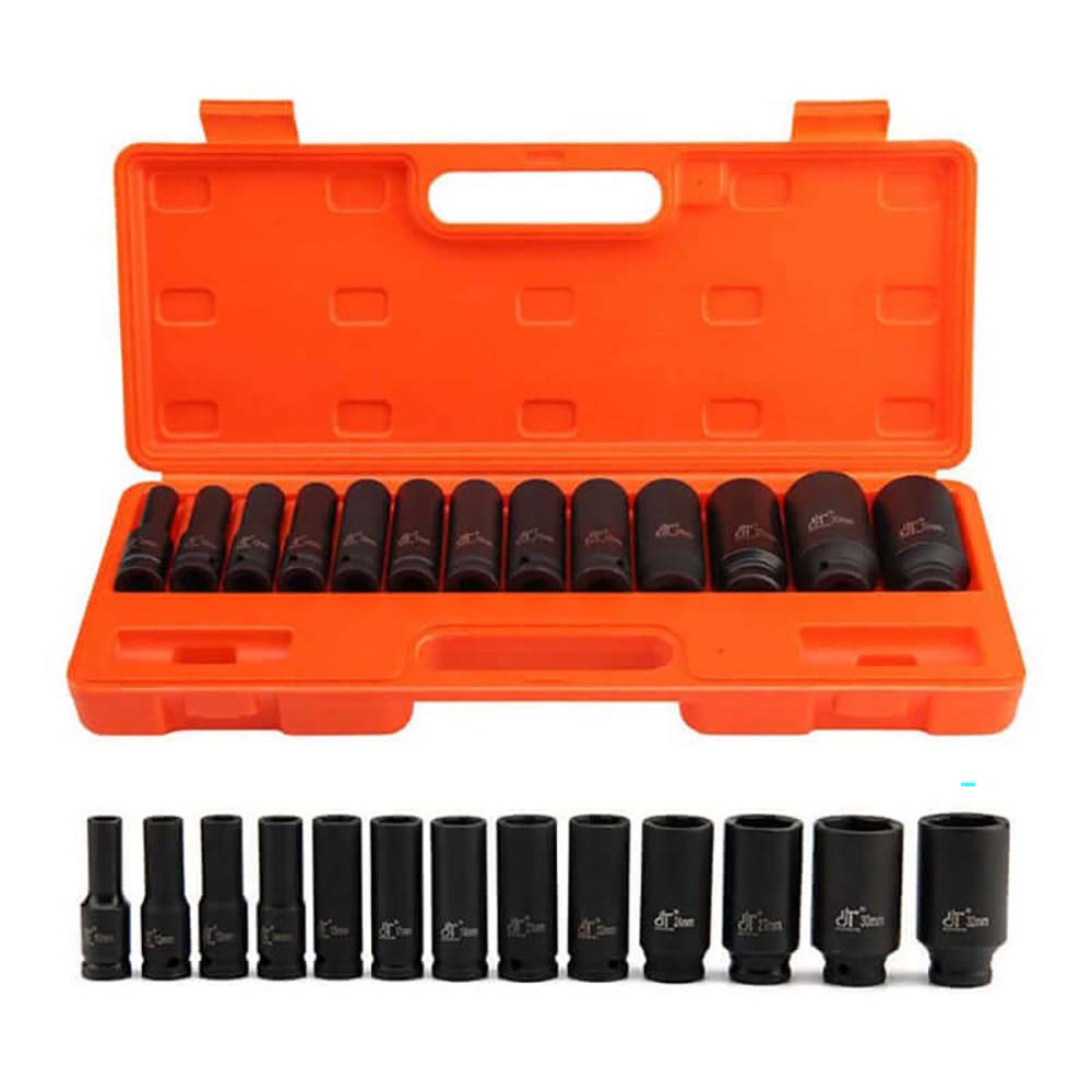 13pc Impact Socket 1/2" Inch Deep Tool Set 10-32mm Metric Garage Workshop Kit