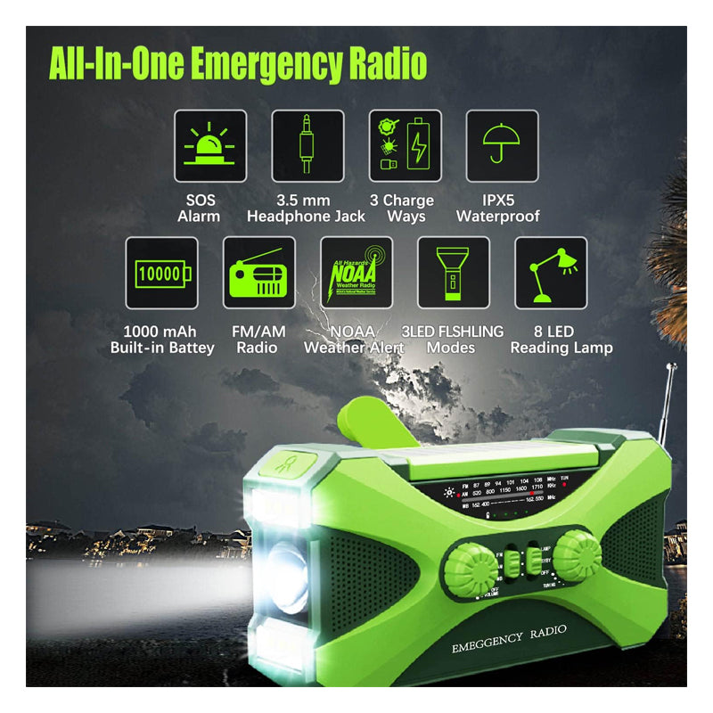 10000mAh Emergency Hand Crank Radio – Multifunctional Survival Radio with Weather Alerts, Flashlight, and Phone Charger