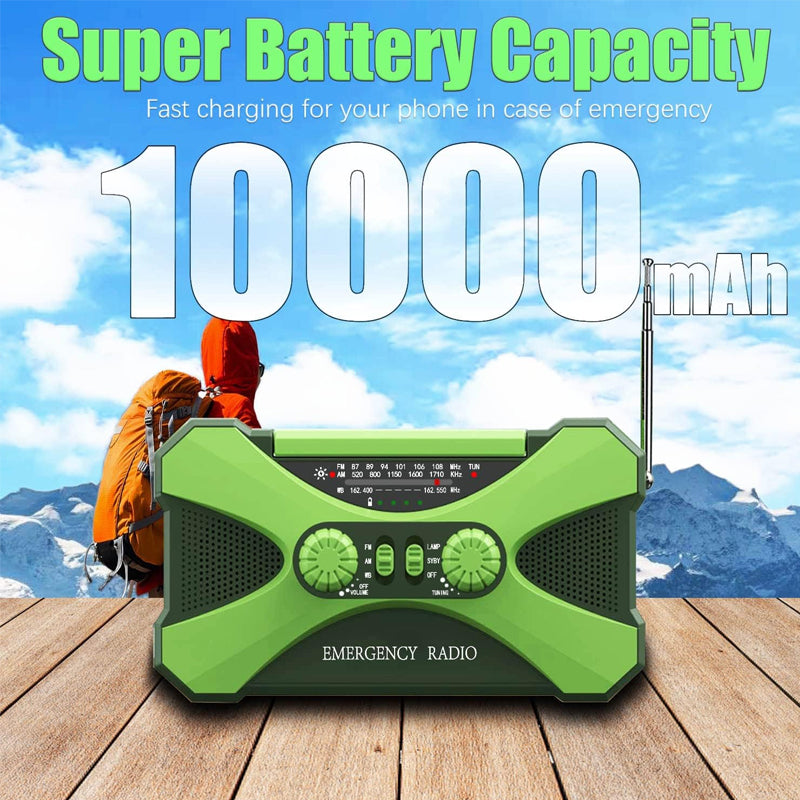 10000mAh Emergency Hand Crank Radio – Multifunctional Survival Radio with Weather Alerts, Flashlight, and Phone Charger