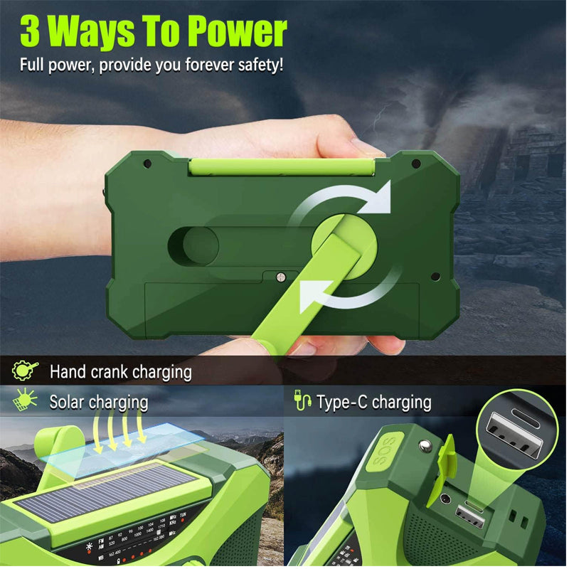 10000mAh Emergency Hand Crank Radio – Multifunctional Survival Radio with Weather Alerts, Flashlight, and Phone Charger
