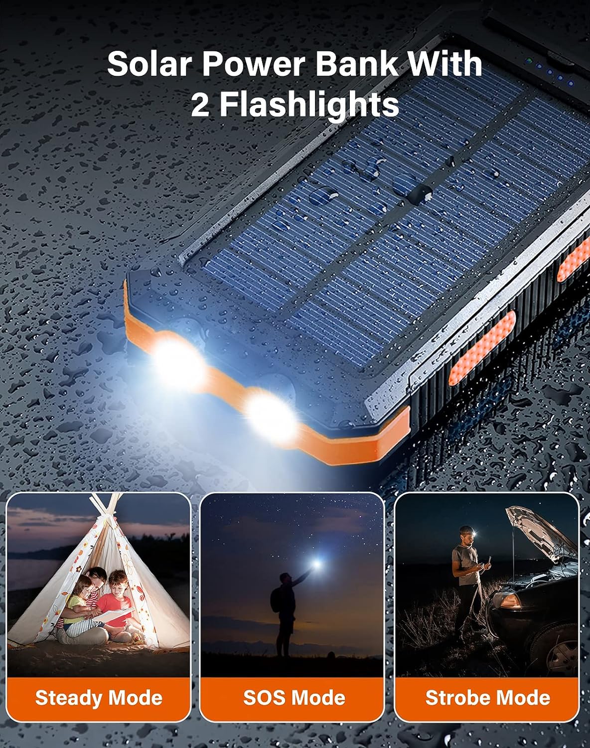 Solar Charger 20000mAh Waterproof Portable Power Bank with Dual USB Port & LED Flashlight – Ideal for Outdoor, Camping, and Travel