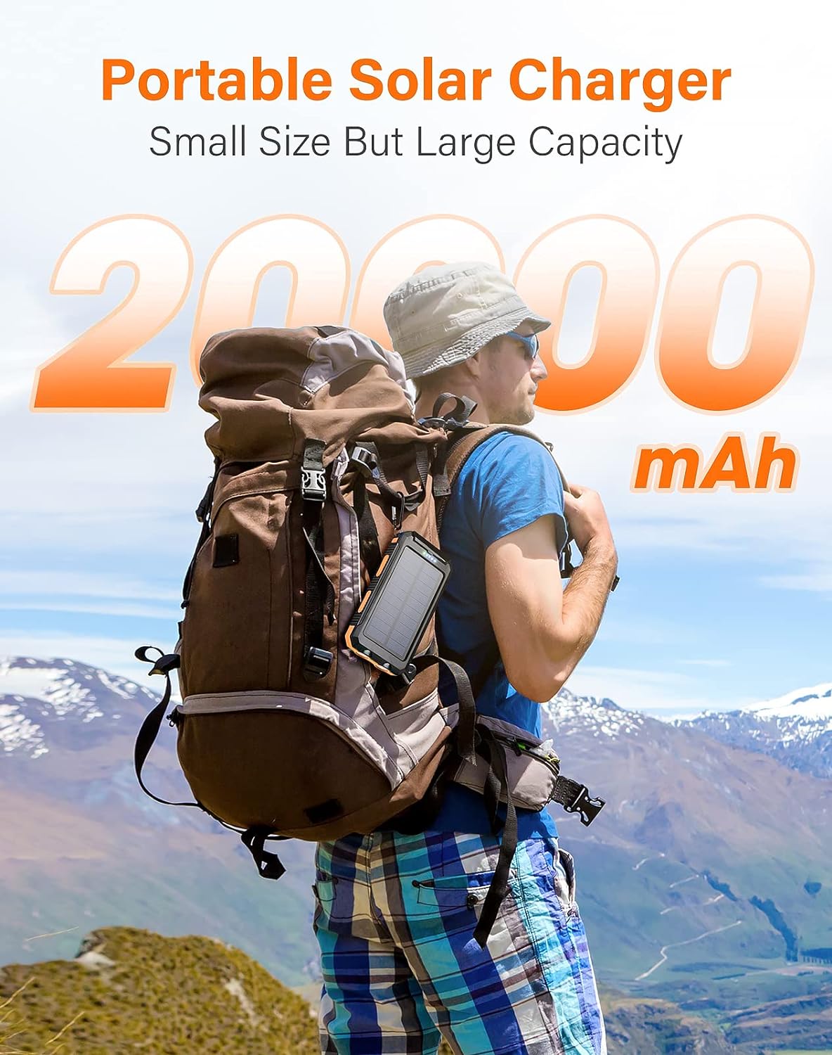 Solar Charger 20000mAh Waterproof Portable Power Bank with Dual USB Port & LED Flashlight – Ideal for Outdoor, Camping, and Travel