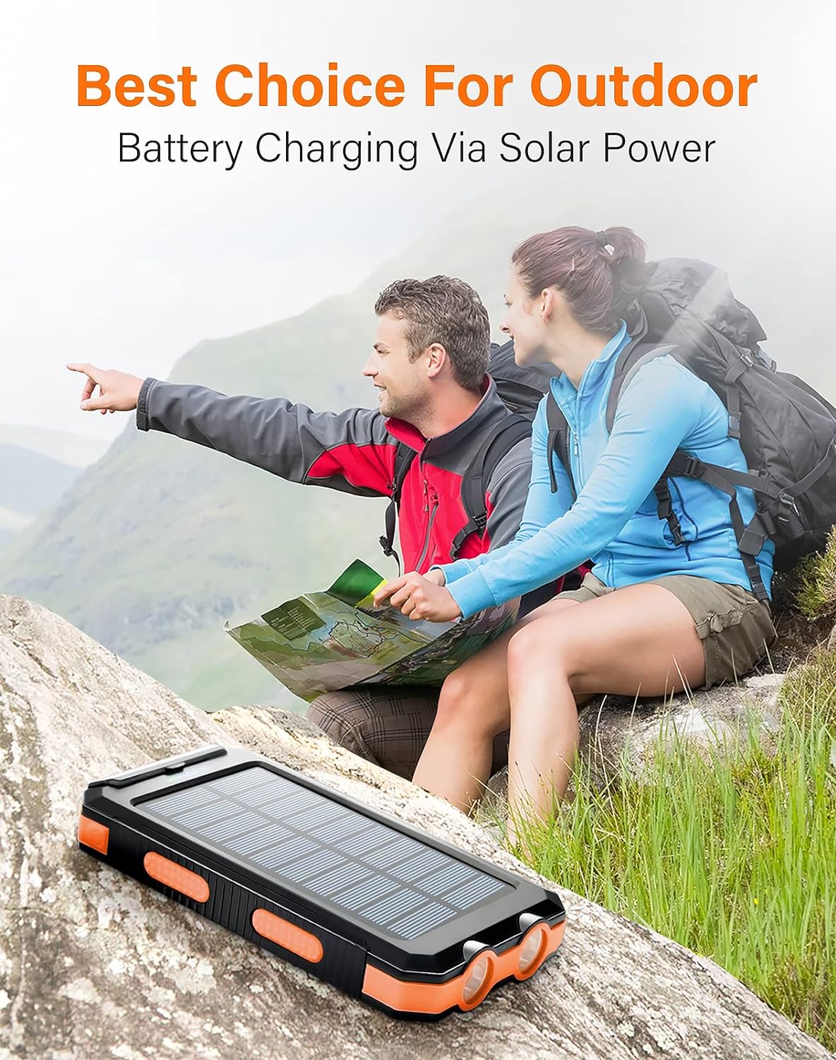 Solar Charger 20000mAh Waterproof Portable Power Bank with Dual USB Port & LED Flashlight – Ideal for Outdoor, Camping, and Travel