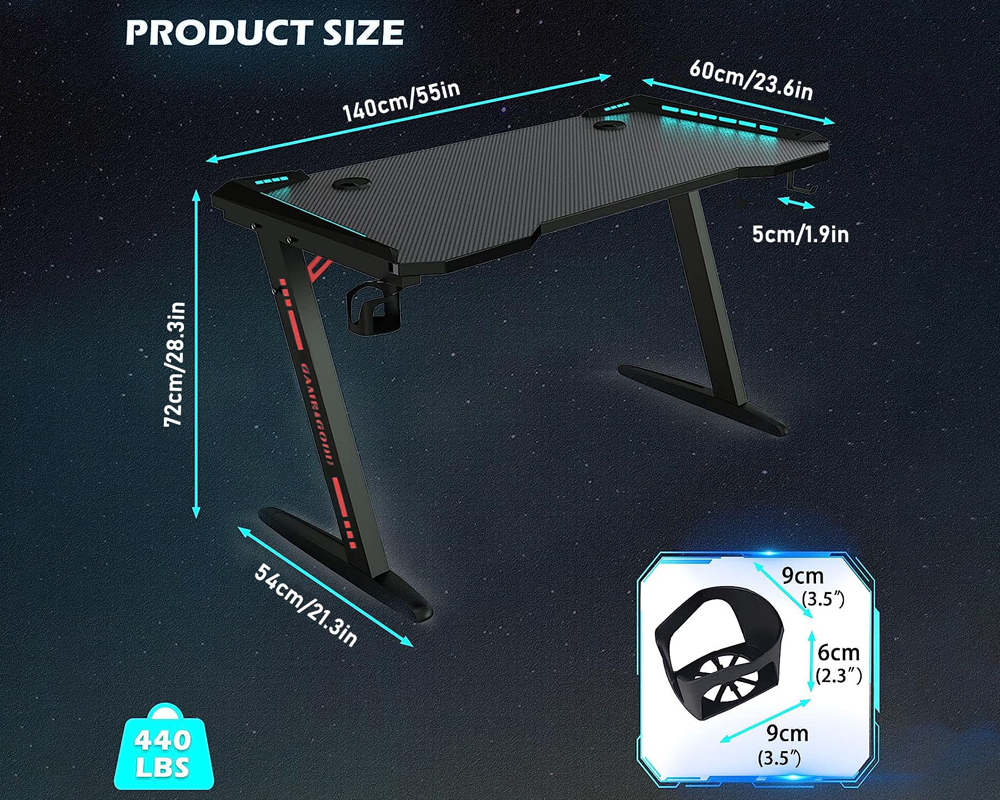 Office Gaming Table PC Computer Laptop Desk for Gamer Pro Z Shaped with LED Lights