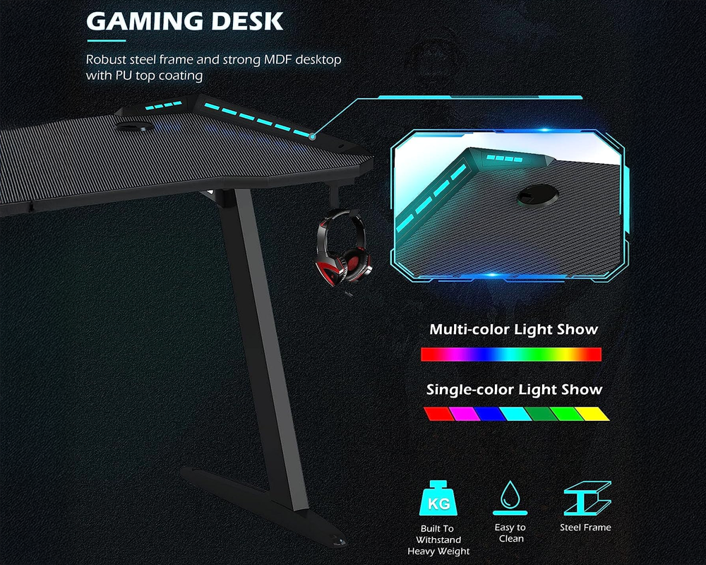 Office Gaming Table PC Computer Laptop Desk for Gamer Pro Z Shaped with LED Lights