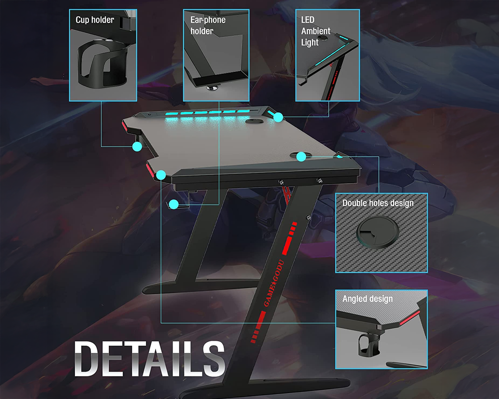 Office Gaming Table PC Computer Laptop Desk for Gamer Pro Z Shaped with LED Lights