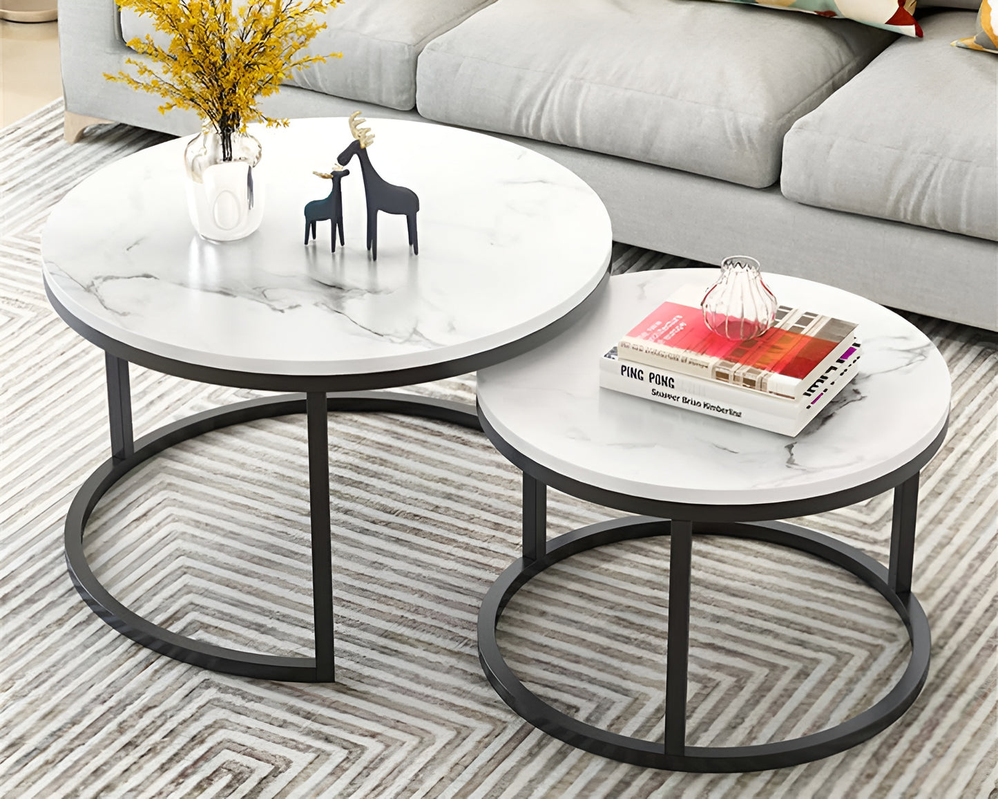Marble Effect Nesting Coffee Table Set with Black Metal Frame