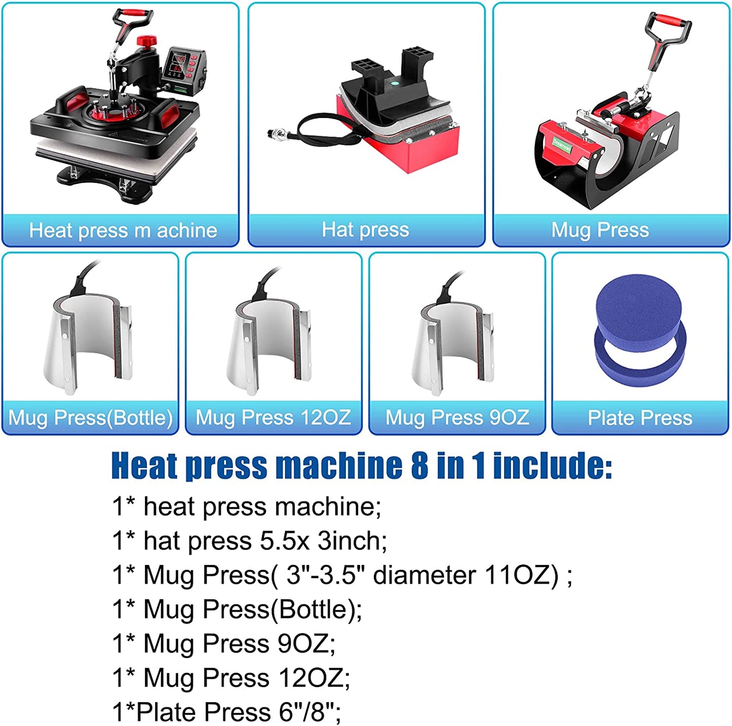 8 in 1 Heat Press Machine - 12" x 15" Digital Swing-Away Heat Transfer Machine for T-Shirts, Hats, Mugs, Plates