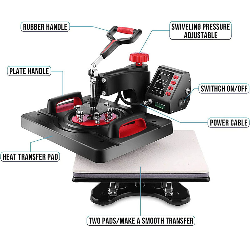 8 in 1 Heat Press Machine - 12" x 15" Digital Swing-Away Heat Transfer Machine for T-Shirts, Hats, Mugs, Plates