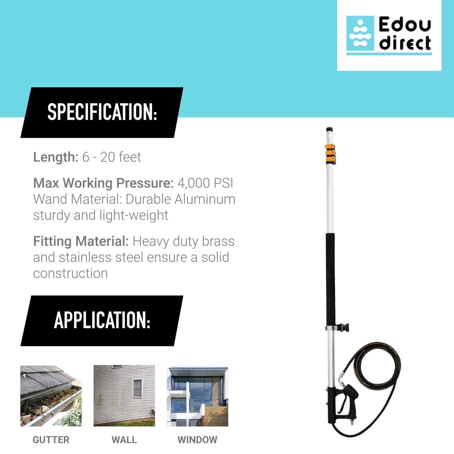 7.3m Telescoping Wand Pressure Washer Pole with Harness