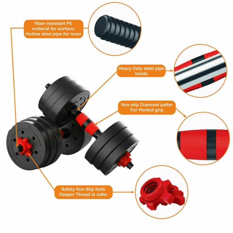 2 in 1 Adjustable Free Weight Dumbbells 20kg Barbell Set – Hand Weight Strength Lifting Training Equipment with Connector