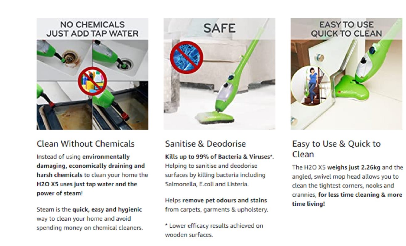 Steam Cleaner Mop Kills 99.9% of Bacteria Without Cleaning Chemicals (Green, Standard)