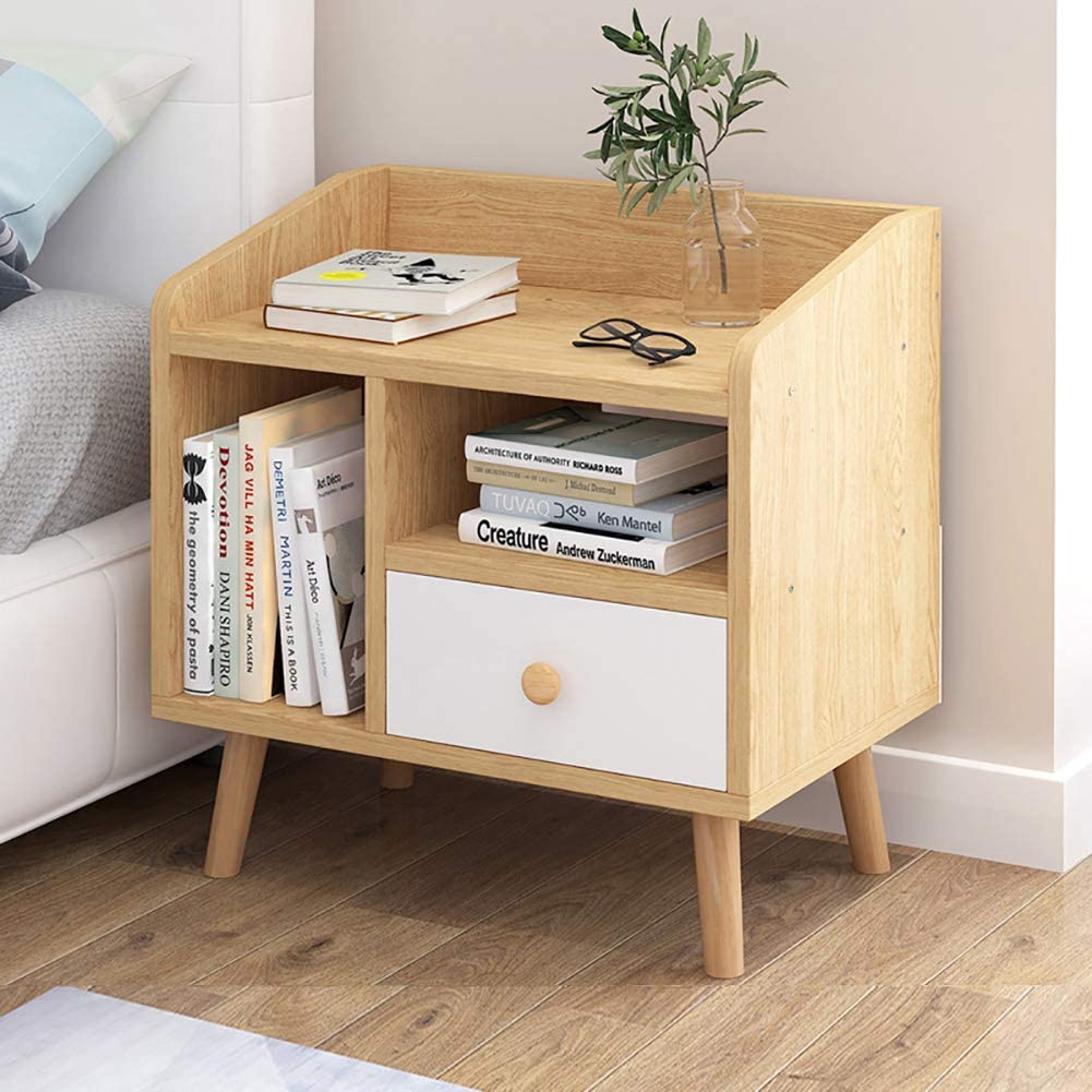 Bedside Table Modern – Nordic Bedside Table with Drawer, Shelves & Rounded Corners (19x17")