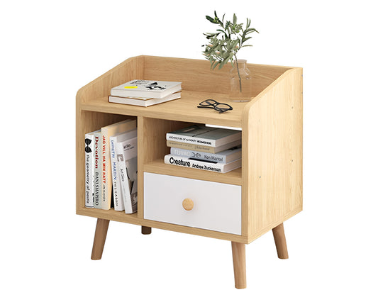 Bedside Table Modern – Nordic Bedside Table with Drawer, Shelves & Rounded Corners (19x17")