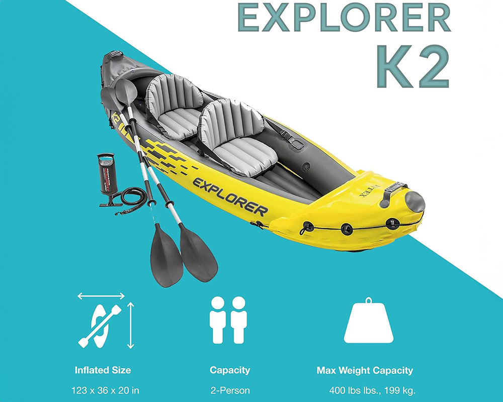 Intex Explorer K2 Kayak - 2-Person Inflatable Kayak Set with Aluminum Oars and High-Output Air Pump