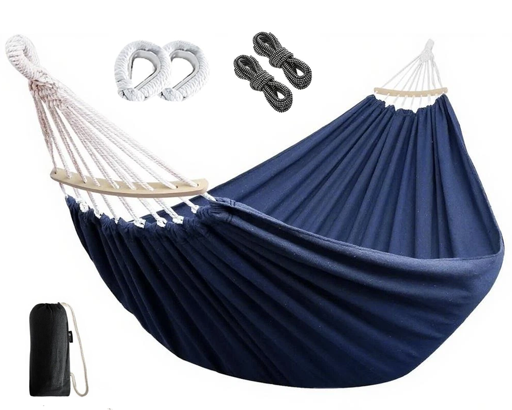 Outdoor Hammock – Portable Canvas Hammock 2 Person with Wooden Bar & Carry Bag