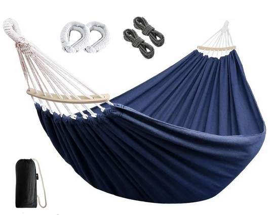 Outdoor Hammock – Portable Canvas Hammock 2 Person with Wooden Bar & Carry Bag