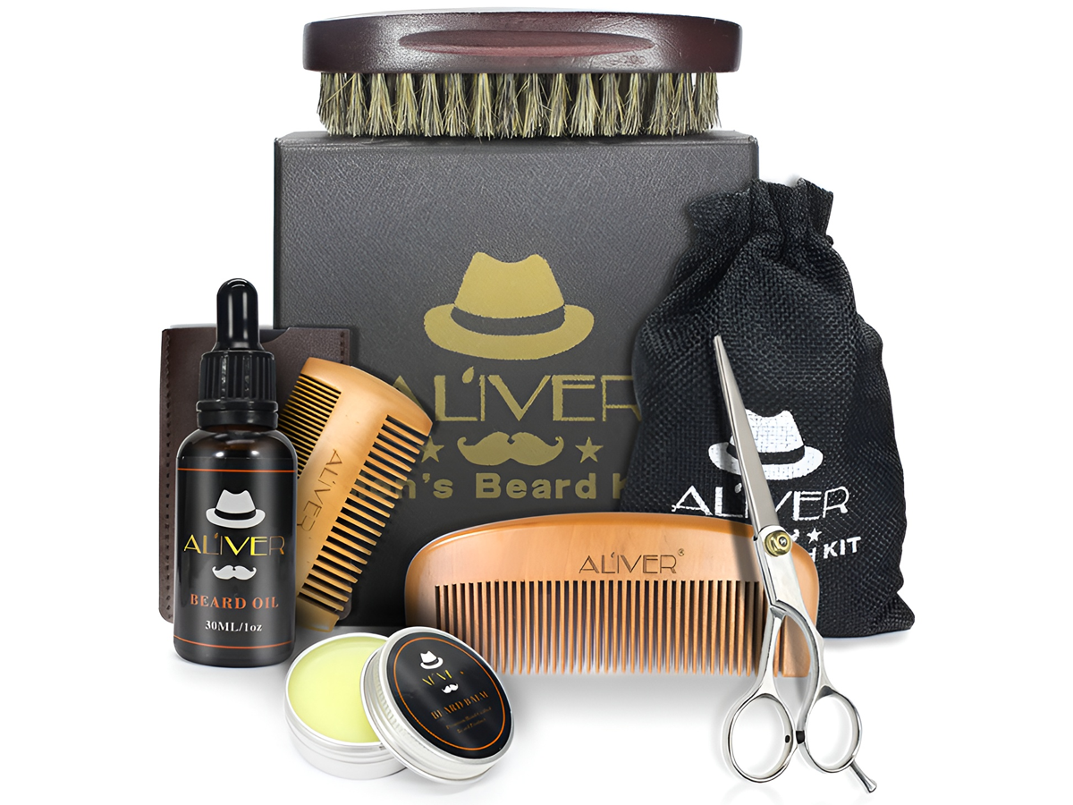 Beard Grooming Kit for Men - Beard Oil, Balm, Shampoo, Comb, Brush & Scissors
